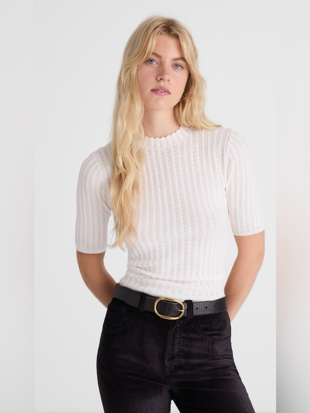 NWT Madewell Pointelle-Stitch Mockneck Sweater Tee Soft White Short Sleeve XS